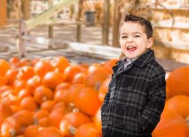 contento birazziale ragazzo avendo divertimento a il zucca toppa azienda agricola. foto