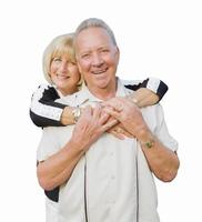 contento attraente anziano coppia abbracciare su bianca sfondo foto