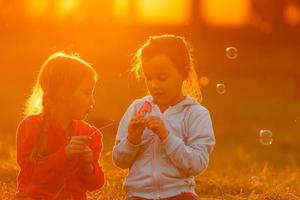 estate divertimento. poco ragazze giocare nel il campo foto