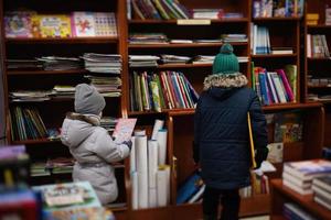 poco sorella con fratello nel giacca raggiungendo un' libro a partire dal scaffale a il biblioteca. apprendimento e formazione scolastica di europeo bambini. foto