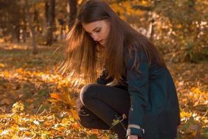 giovane ragazza con lungo capelli seduta su il prato tra il le foglie nel autunno parco foto