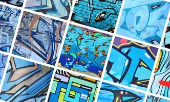 un' impostato di molti piccolo frammenti di graffiti disegni. strada arte astratto sfondo collage nel blu colori foto
