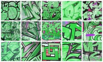 un' impostato di molti piccolo frammenti di graffiti disegni. strada arte astratto sfondo collage nel verde colori foto