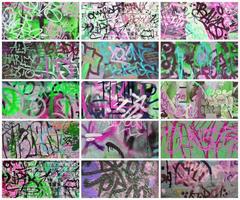 un' impostato di molti piccolo frammenti di etichettato muri. graffiti vandalismo astratto sfondo collage foto