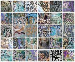 un' impostato di molti piccolo frammenti di etichettato muri. graffiti vandalismo astratto sfondo collage foto