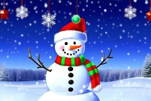 divertente pupazzo di neve. allegro Natale e contento nuovo anno saluto carta. nevoso sfondo. foto