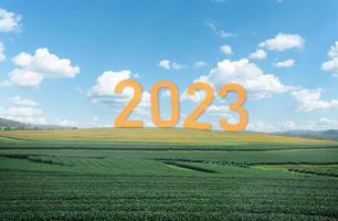 contento nuovo anno 2023,2023 simboleggia il inizio di il nuovo anno. il lettera inizio nuovo anno 2023 su il natura fresco verde tè azienda agricola montagna nuvole ambiente ecologia o verdura sfondo concetto. foto