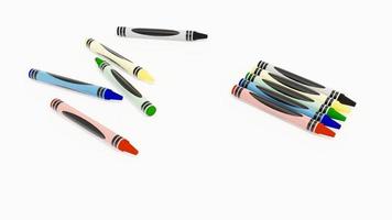 3d illustrazione foto grafico di figli di colorato cera pastelli per disegno su un' bianca paesaggio foglio, prese a partire dal un' superiore Visualizza.
