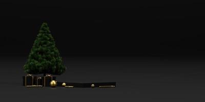 sfondo 3d interpretazione per Natale e nuovo anno con oro e nero colori sfondo. regalo scatola, pino albero, fiocco di neve, e cerchio podio nel oro e nero colori. 3d illustrazione sfondo. foto