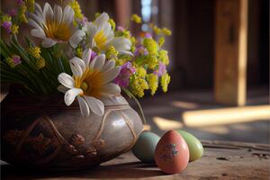 Pasqua, aprile 9, cristiano giorno per commemorare il risurrezione di Gesù, un' simbolo di speranza, rinascita e perdono, il Pasqua uovo caccia decora uova con modelli e luminosa colori. foto