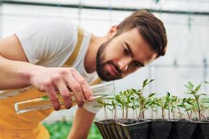 utilizzando test tubo e irrigazione impianti. giovane serra lavoratore nel giallo uniforme avere lavoro dentro di serra foto