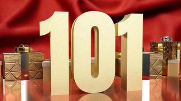 oro numero 101 e regalo scatola su rosso seta per attività commerciale concetto foto