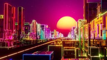 volante al di sopra di il neon città a tramonto. 3d interpretazione illustrazione foto