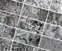 un' impostato di molti piccolo frammenti di etichettato muri. graffiti vandalismo astratto sfondo collage nel retrò toni foto