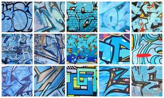 un' impostato di molti piccolo frammenti di graffiti disegni. strada arte astratto sfondo collage nel blu colori foto