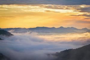 mattina scena Alba paesaggio bellissimo su collina con nebbia nebbioso copertina foresta e montagna foto