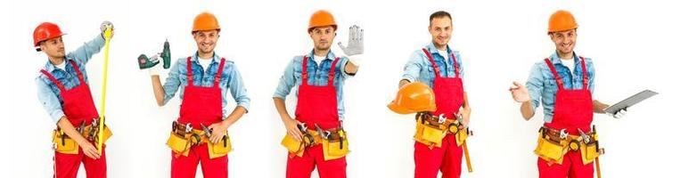 posteriore Visualizza di maschio costruzione lavoratore con corto nero capelli nel uniforme isolato foto