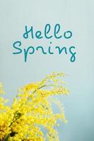 Ciao primavera carta. saluto primavera stagione carta. rami di mimosa. copia spazio foto
