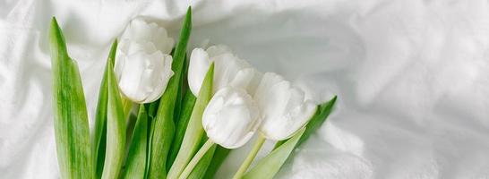 bianca tulipani fiori su bianca tessile sfondo. Pasqua, primavera vacanza concetto foto