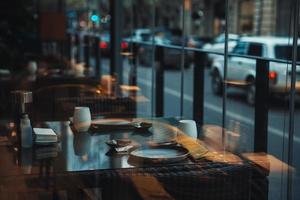 tavolo vicino il finestra nel il ristorante prospiciente il strada foto