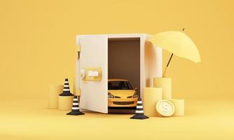 auto protezione e sicurezza garanzia concetto, auto assicurazione ragnatela bandiera design. macchine nel proteggere sicuro con i soldi e traffico cono e ombrello su giallo sfondo. cartone animato realistico 3d interpretazione foto