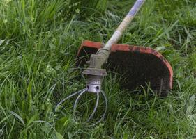 sostituzione il pesca linea nel un' prato falciatore con utensili foto