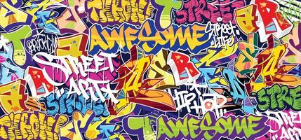 colorato graffiti parete arte sfondo strada arte hip-hop urbano vettore illustrazione sfondo. senza soluzione di continuità sorprendente graffiti arte sfondo foto