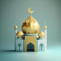 3d miniatura illustrazione di un' moschea con d'oro raggiante cupola foto