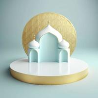 islamico tema Prodotto Schermo sfondo nel 3d interpretazione illustrazione disegno, moschea portale telaio con podio o palcoscenico e vuoto spazio. foto