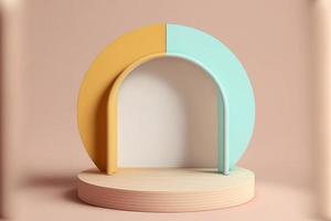 mini vuoto e podio cerchio palcoscenico vuoto e pastello colore decorazione con woodstyle nel 3d realistico rendering, semplice minimalista, pulito foto