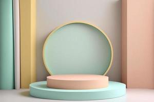 mini vuoto e podio cerchio palcoscenico vuoto e pastello colore decorazione con woodstyle nel 3d realistico rendering, semplice minimalista, pulito foto