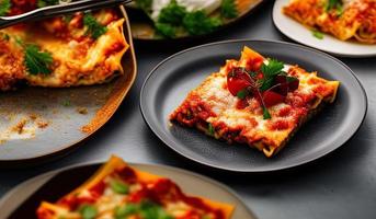 professionale cibo fotografia vicino su di un' piatto di Lasagna su un' buio grigio sfondo foto