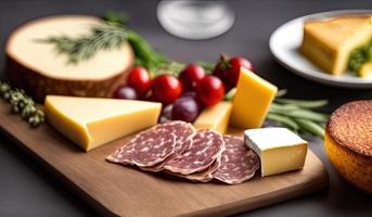 professionale cibo fotografia vicino su di un' formaggio e salumi tavola seduta su superiore di un' tavolo foto