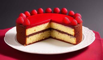 professionale cibo fotografia di un' pezzo di torta seduta su superiore di un' rosso piatto foto