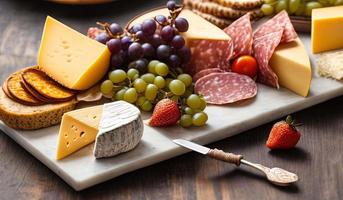 professionale cibo fotografia vicino su di un' formaggio e salumi tavola seduta su superiore di un' tavolo foto