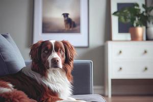 vicino su di un' amichevole cane oziare nel camera con bianca mobilia sfondo. foto