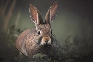 adorabile avvicinamento di un' piccolo coniglio seduta in mezzo verde erba. Perfetto per in mostra il carino e soffice lato di natura foto