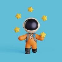 3d interpretazione di un astronauta giocoleria il giallo stelle. carino portafortuna design foto