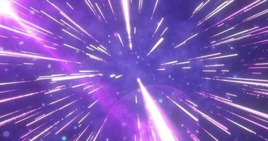 astratto viola volante stelle luminosa raggiante nel spazio con particelle e magico energia Linee nel un' tunnel nel Aperto spazio con sole raggi. astratto sfondo foto
