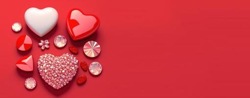 San Valentino giorno bandiera sfondo. scintillante 3d cuore forma con diamante e cristallo illustrazione foto