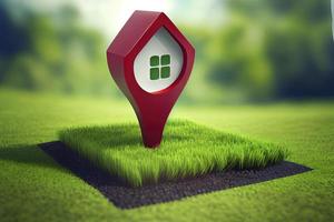 Casa simbolo con Posizione perno icona su terra e verde erba nel vero tenuta vendita foto