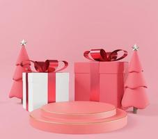 confezione regalo quadrata bianca e rossa e podio rosa