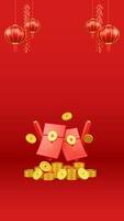 Cinese nuovo anno 3d illustrazione con ornamento per evento promozione sociale media atterraggio pagina fortunato i soldi con rosso lanterne e monete per Cinese nuovo anno celebrazione per il Cinese nuovo anno foto