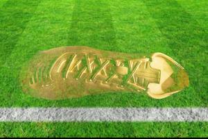 d'oro calcio scarpa su sfondo su verde campo foto