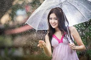 bellissimo ragazza nel il pioggia con trasparente ombrello foto