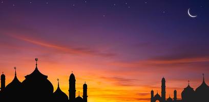 silhouette moschee cupola con mezzaluna Luna e stelle su crepuscolo cielo sfondo nel sera tempo durante Ramadan santo mese foto