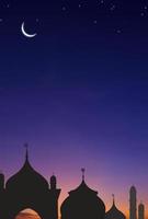 silhouette moschee cupola e mezzaluna Luna su buio blu crepuscolo cielo nel verticale telaio, simbolo islamico religione Ramadan e gratuito spazio per testo Arabo, eid al-adha, eid al-fitr, mubarak foto