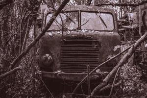 vecchio abbandonato macchine scaricati nel il foresta da qualche parte nel Belgio. foto