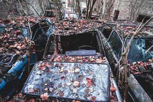 vecchio abbandonato macchine scaricati nel il foresta da qualche parte nel Belgio. foto