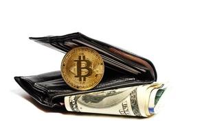 d'oro bitcoin con portafoglio e denaro contante isolato su bianca sfondo concettuale Immagine per crypto foto